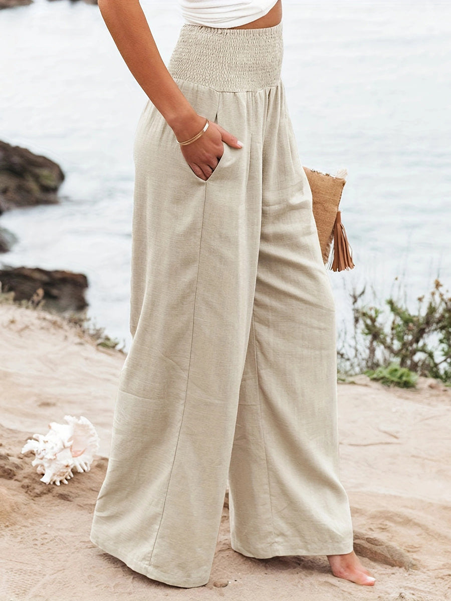 Elasticated Waist High Waisted Pleated Pockets Solid Color Split-Joint Pants