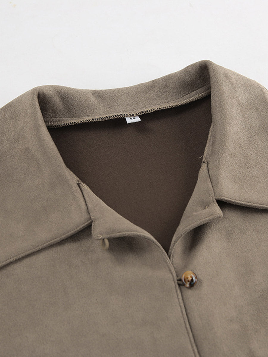 Long Sleeves Loose Buttoned Solid Color Split-Joint Lapel Blouses&Shirts Tops Outerwear