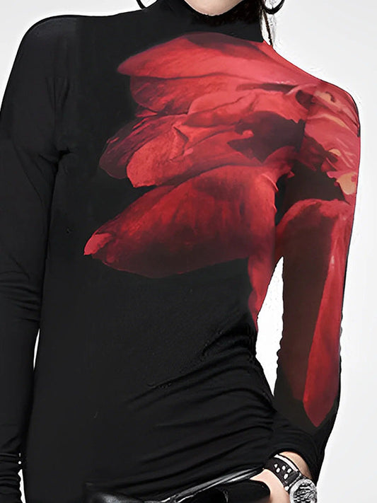 Long Sleeves Skinny Asymmetric Printed Split-Joint High Neck T-Shirts Tops