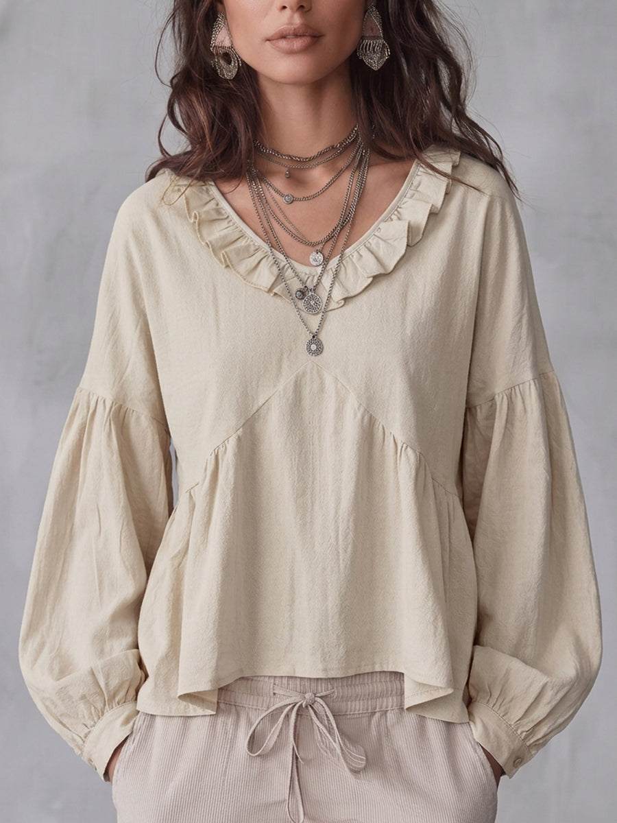 Long Sleeves Loose Pleated Ruffle Trim Solid Color Split-Joint Deep V-Neck Blouses&Shirts Tops