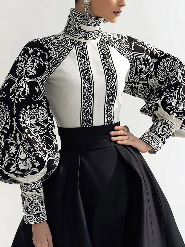 Long Sleeves Loose Contrast Color Flower Print High Neck Blouses&Shirts Tops