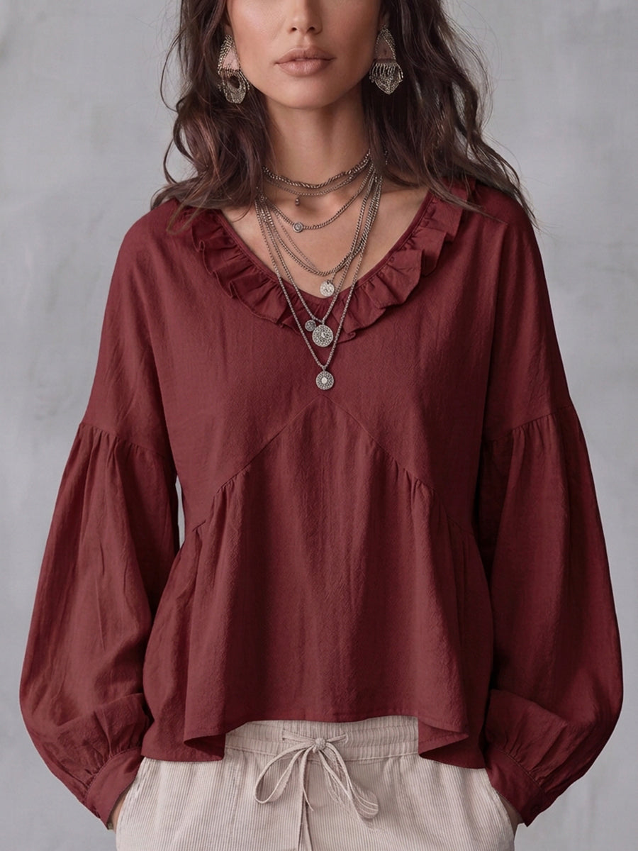 Long Sleeves Loose Pleated Ruffle Trim Solid Color Split-Joint Deep V-Neck Blouses&Shirts Tops