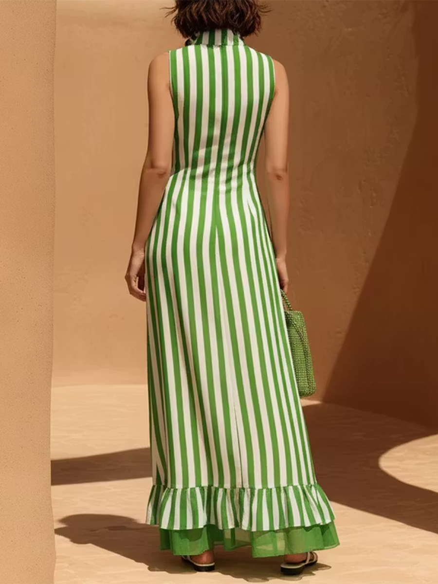 A-Line Loose Contrast Color Pockets Ruffled Split-Joint Striped Zipper Stand Collar Maxi Dresses