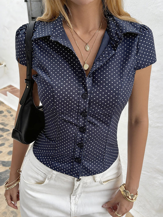 Short Sleeves Buttoned Contrast Color Polka Dot Lapel Blouses&Shirts Tops