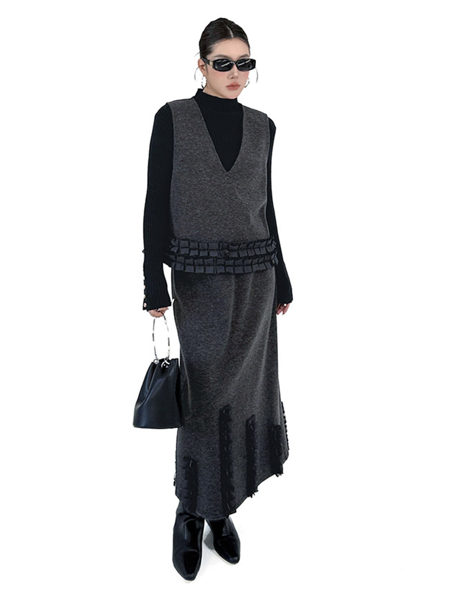 Contrast Color Ruffled Split-Joint V-Neck Vest Top + Elasticated Waist High Waisted Pleated Skirts Bottoms Two Pieces Set