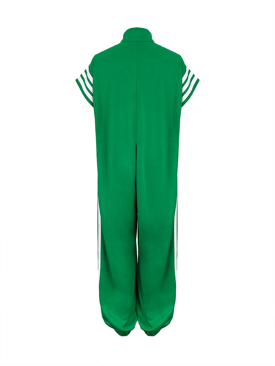 White Plus Size Contrast Color Pockets Split-Joint Striped Zipper Stand Collar Jumpsuits