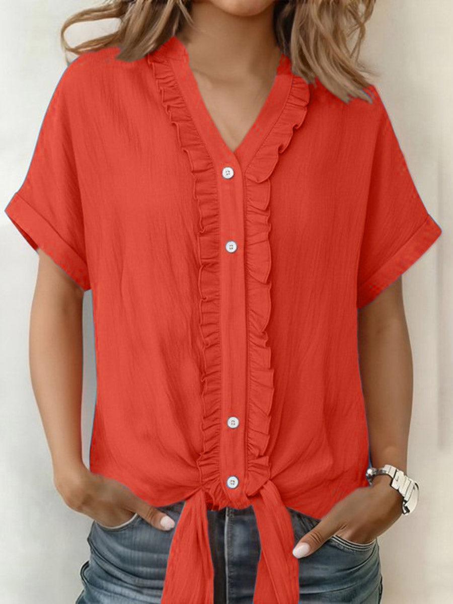 Loose Short Sleeves Buttoned Knot Ruffle Trim Solid Color V-Neck Blouses&Shirts Tops