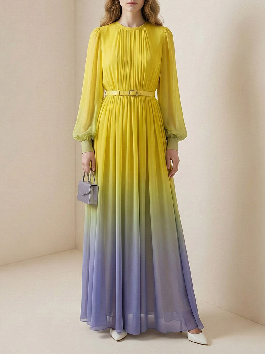 High Waisted Long Sleeves Belted Contrast Color Gradient Pleated Split-Joint Round-Neck Maxi Dresses