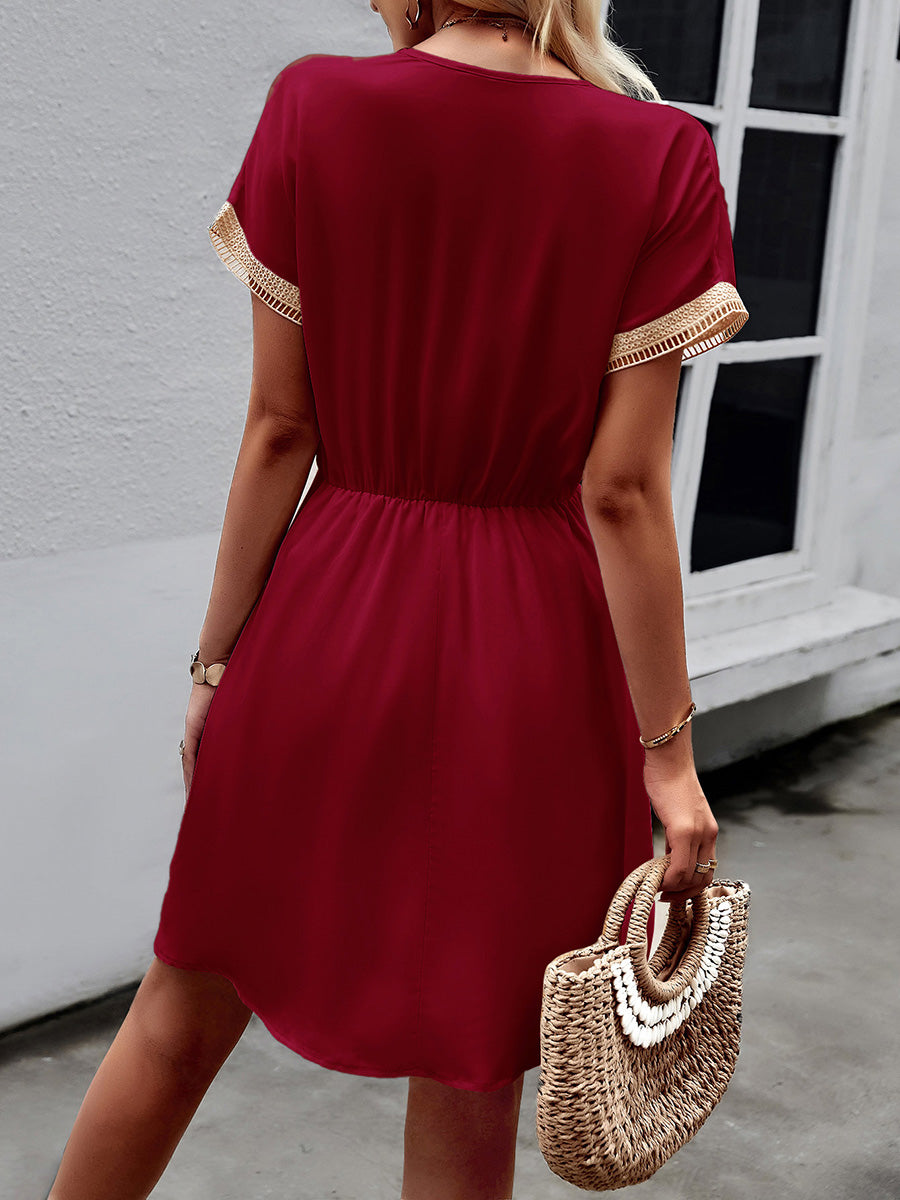A-Line Elasticated Waist Contrast Color Drawstring Hollow Split-Joint Tasseled Tied V-Neck Mini Dresses