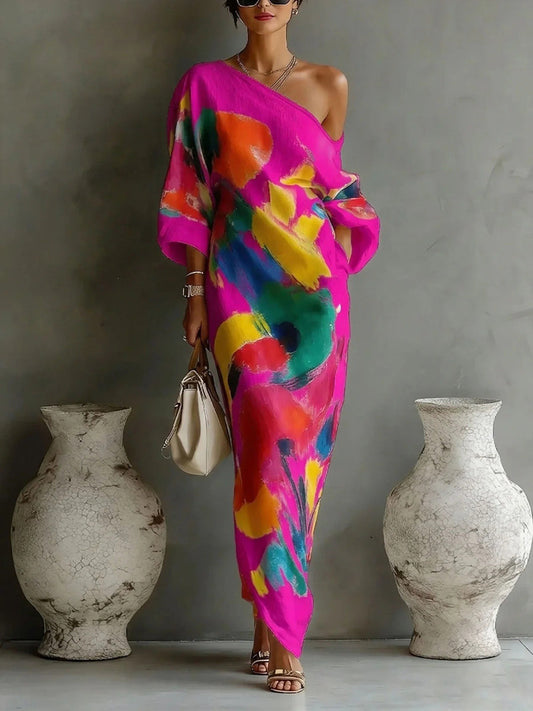 Long Sleeves Loose Asymmetric Contrast Color Pockets Printed One-Shoulder Maxi Dresses