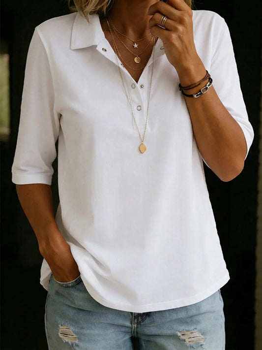 Half Sleeves Loose Buttoned Solid Color Lapel Blouses&Shirts Tops