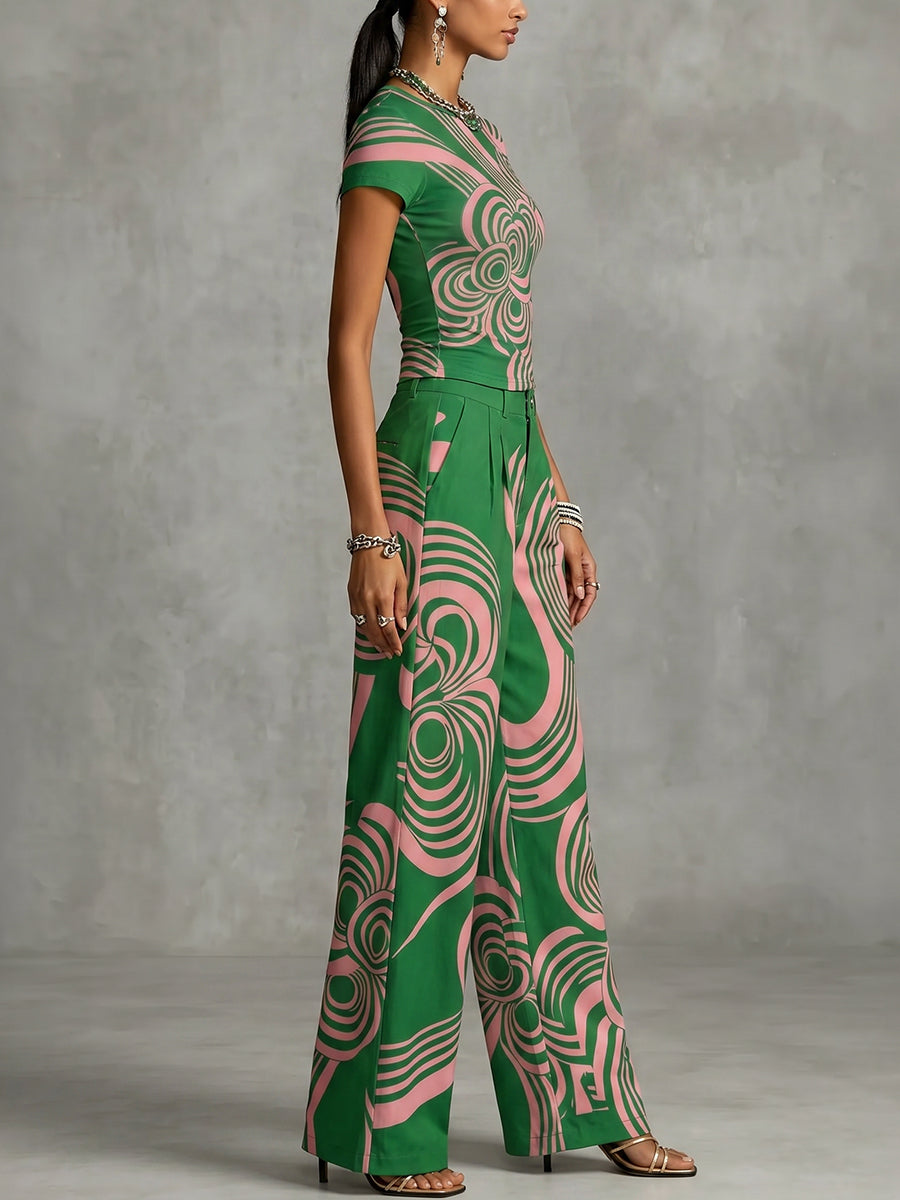 Loose Wide Leg Contrast Color Flower Print Pleated Pockets Pants Trousers