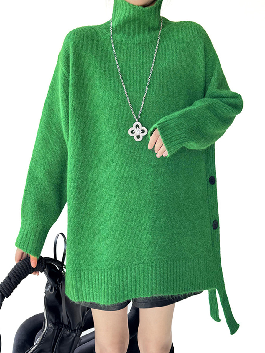 Irregularity Long Sleeves Buttoned Ribs Solid Color Split-Joint High Neck Sweater Tops
