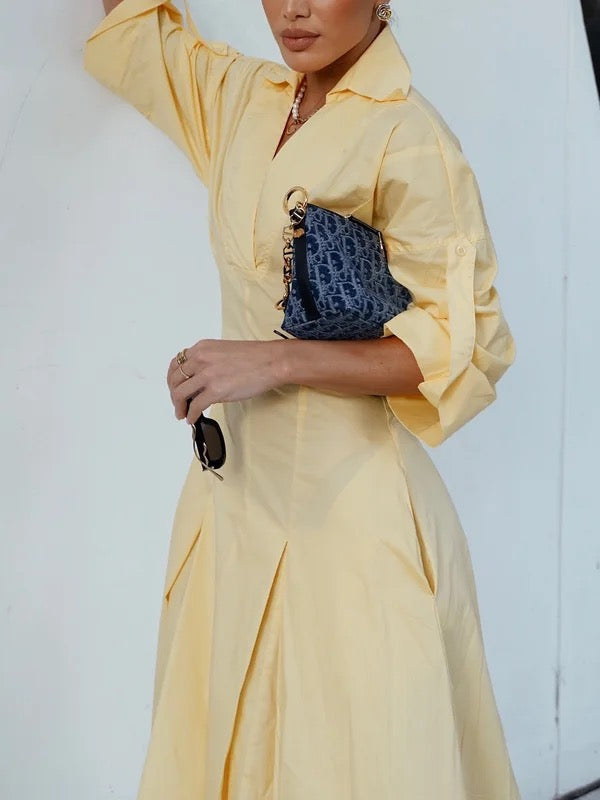 A-Line High Waisted Pleated Solid Color V-Neck Maxi Dresses Shirt Dress