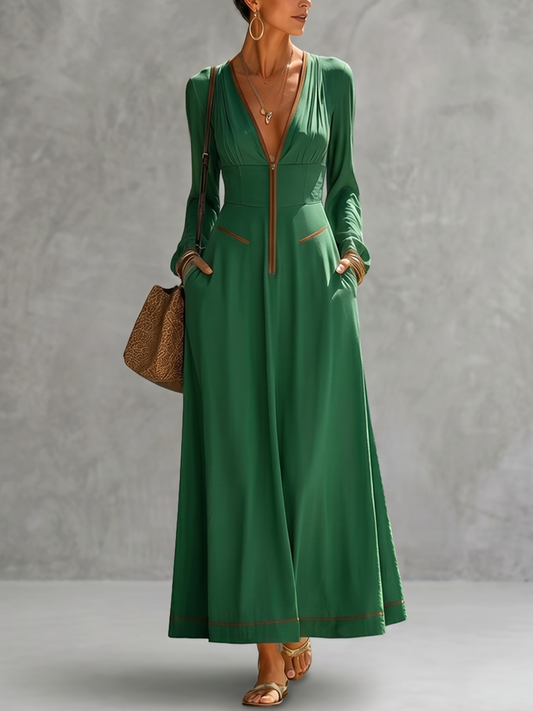 A-Line High Waisted Pockets Solid Color Zipper Deep V-Neck Maxi Dresses