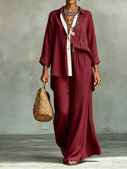 Long Sleeves Loose Buttoned Elasticity Solid Color Lapel Blouse Top + Pants Bottom Two Pieces Set