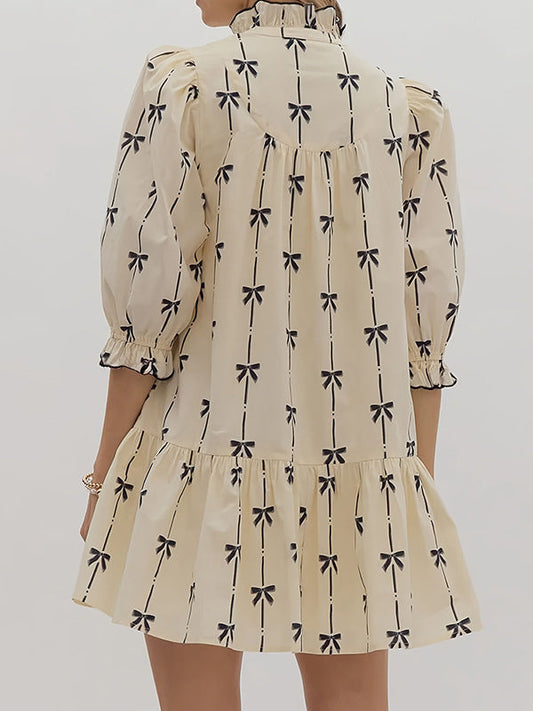 A-Line Loose Bowknot Contrast Color Printed Split-Joint Stand Collar Midi Dresses