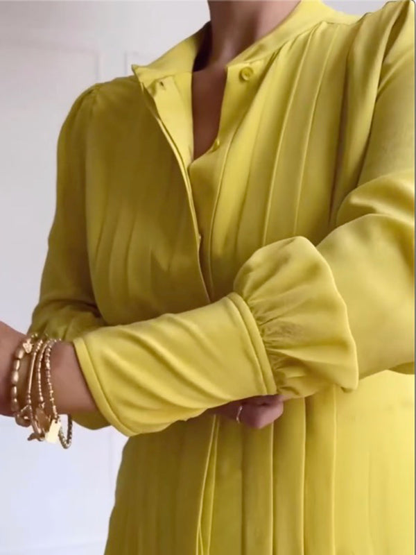 A-Line Long Sleeves Buttoned Pleated Pockets Solid Color Tied Waist V-Neck Maxi Dresses