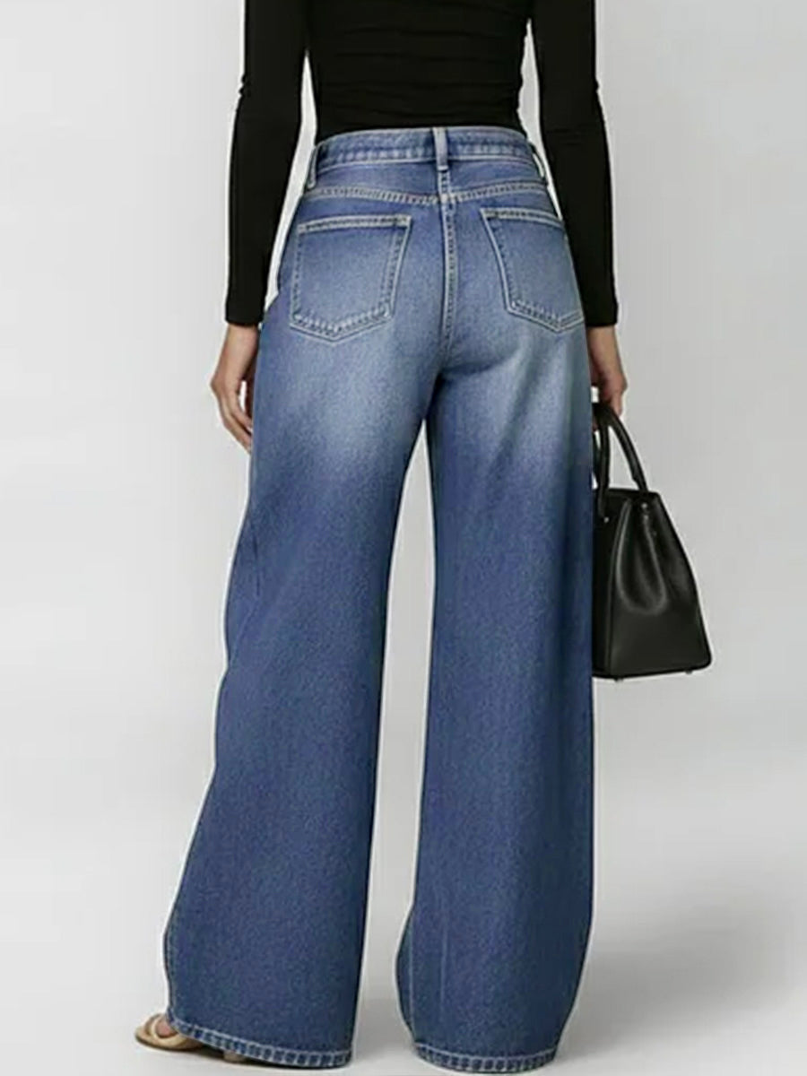 High Waisted Loose Buttoned Geometric Hollow Pockets Split-Joint Jean Pants Bottoms