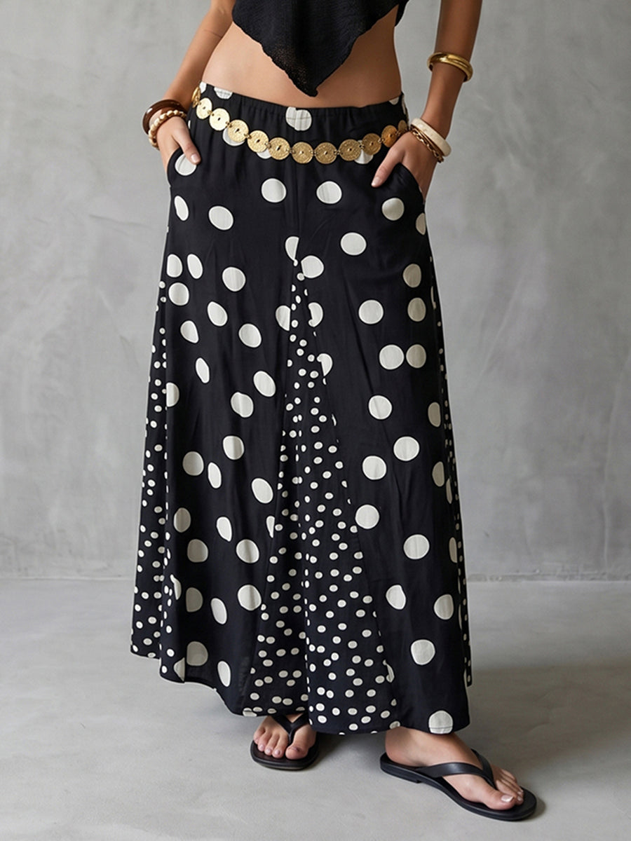 A-Line High Waisted Contrast Color Elasticity Pockets Polka Dot Split-Joint Skirts Bottoms