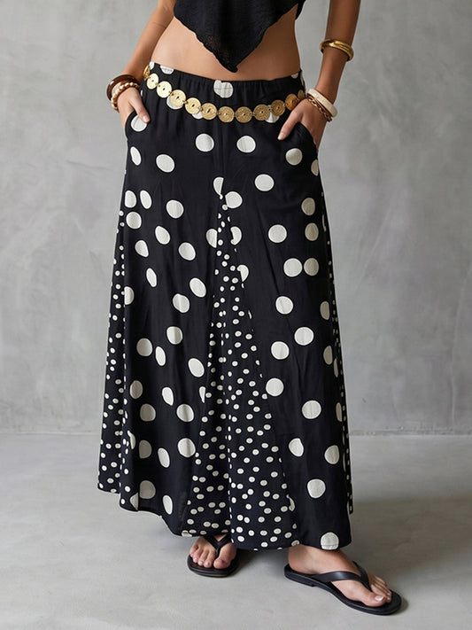 A-Line High Waisted Contrast Color Elasticity Pockets Polka Dot Split-Joint Skirts Bottoms