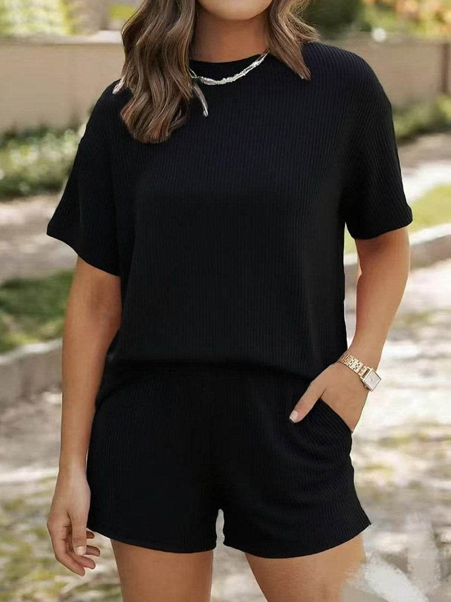 Loose Ribbed Knit Solid Color Round-Neck Short Sleeves T-Shirts Tops +  Pockets Shorts Bottoms Two Pieces Set