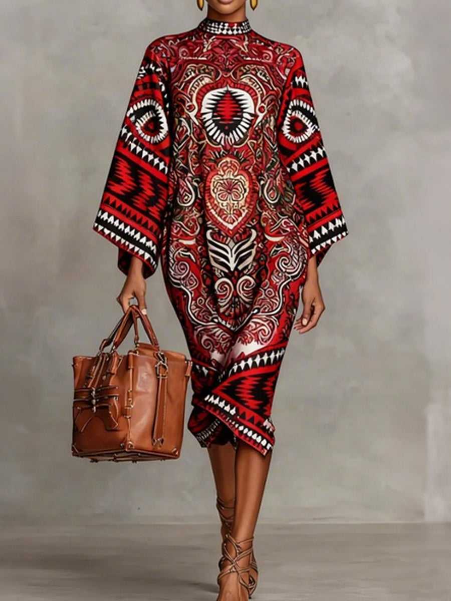 Flared Sleeves Long Sleeves Contrast Color Flower Print Geometric Split-Joint Round-Neck Midi Dresses