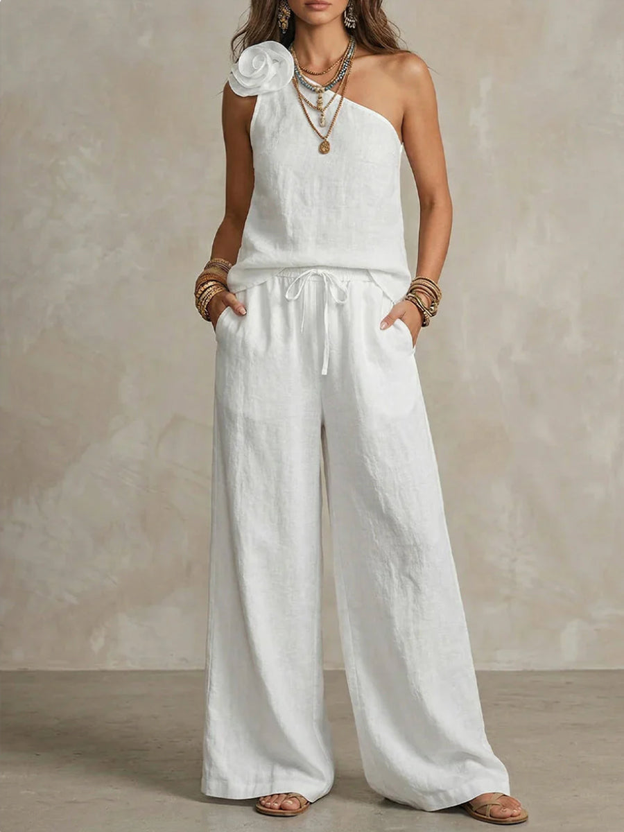 Loose Sleeveless Solid Color Three-Dimensional Flower One-Shoulder Tank Top