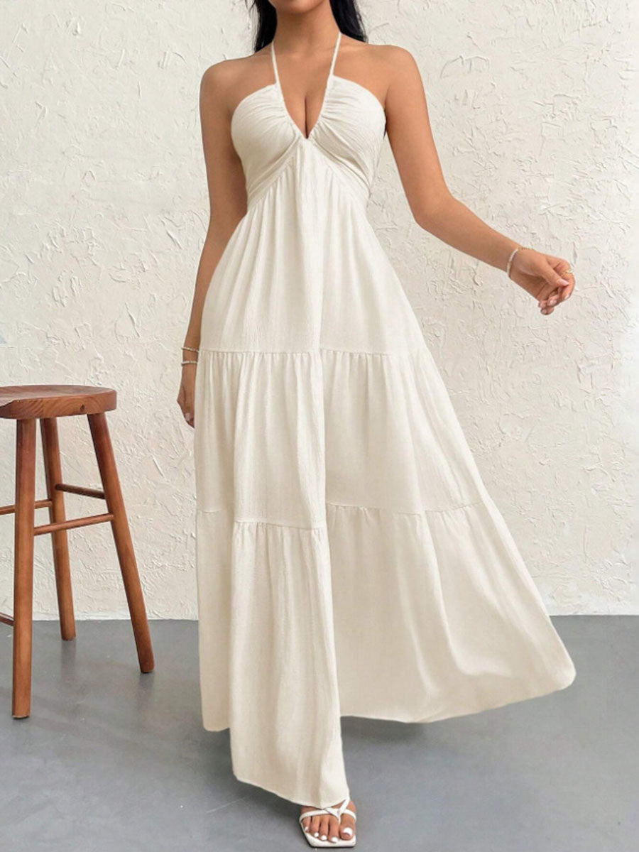 A-Line Loose Backless Pleated Solid Color Split-Joint Halter-Neck Midi Dresses