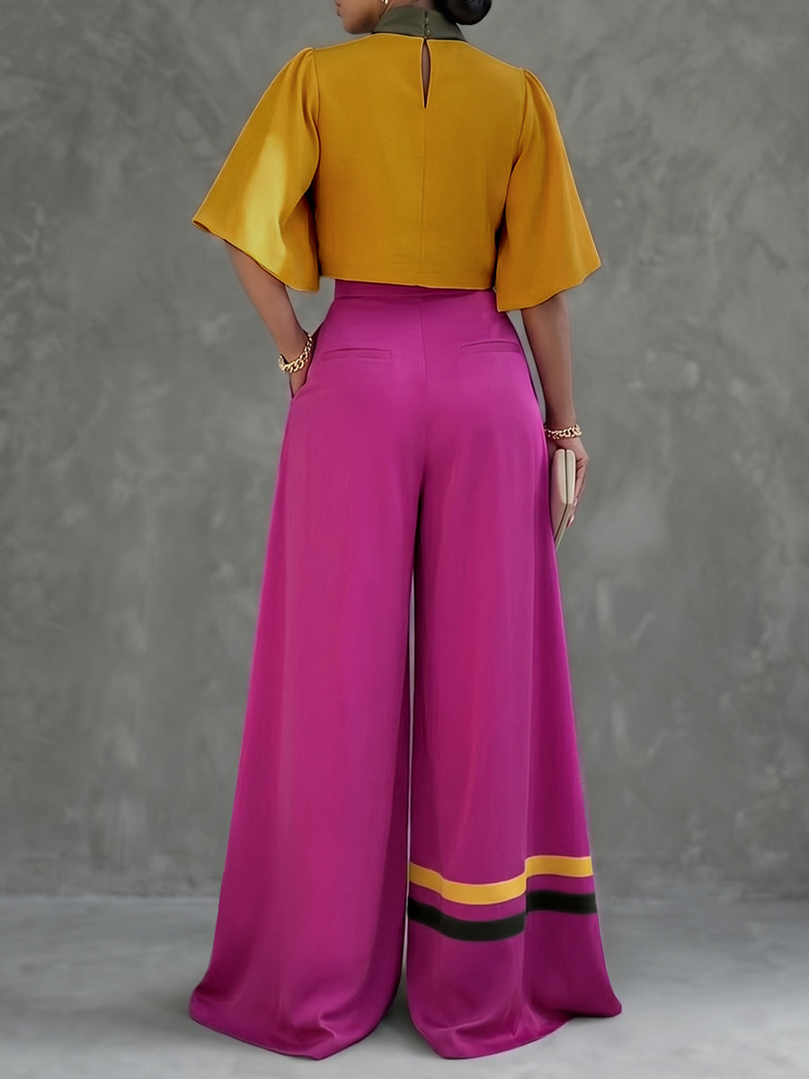 Cropped Flared Sleeves Contrast Color Pleated Stand Collar Blouses&Shirts Tops
