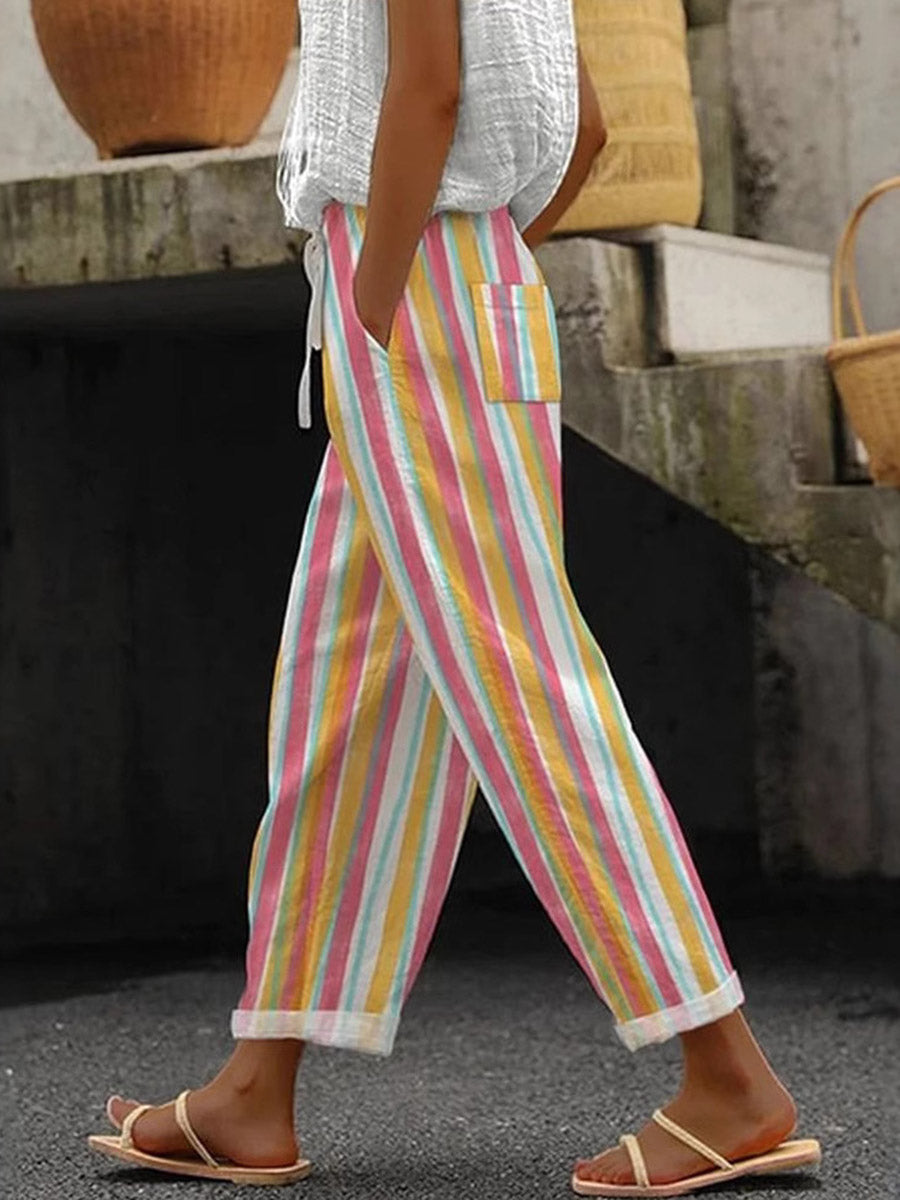 High Waisted Plus Size Contrast Color Drawstring Elasticity Pockets Printed Split-Joint Pants Trousers