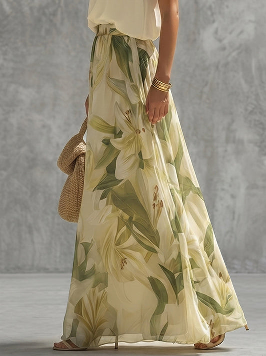 High Waisted Wide Leg Contrast Color Elasticity Flower Print Pants Trousers