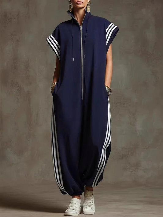 Loose Plus Size Contrast Color Pockets Split-Joint Striped Zipper Stand Collar Jumpsuits Ninth Pants
