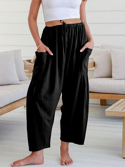 Column Loose Elasticity Pockets Solid Color Casual Pants Bottoms Trousers
