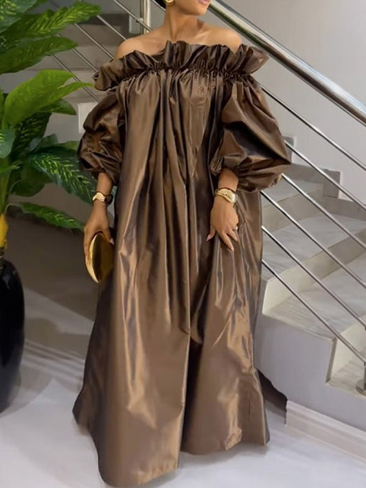 Loose Puff Sleeves Falbala Pleated Solid Color Off-The-Shoulder Maxi Dresses