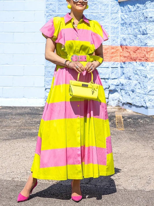 High Waisted Loose Belted Buttoned Contrast Color Pleated Pockets Lapel Maxi Dresses Shirt Dress