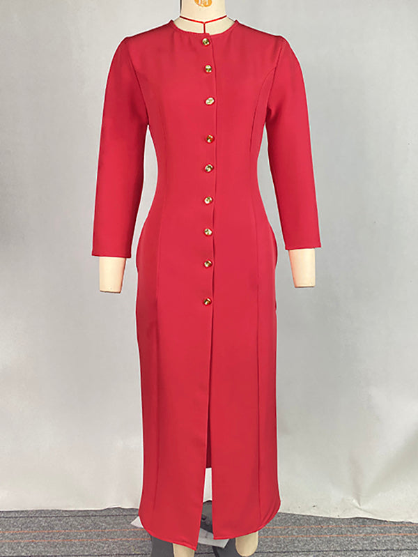 Bodycon Long Sleeves Buttoned Solid Color V-Neck Maxi Dresses Shirt Dress