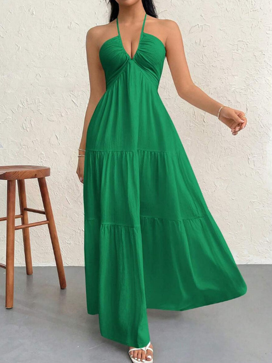 A-Line Loose Backless Pleated Solid Color Split-Joint Halter-Neck Midi Dresses