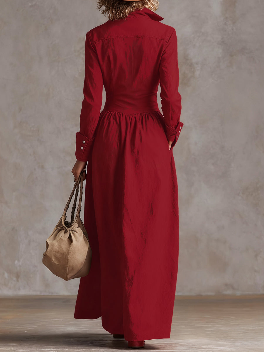 High Waisted Long Sleeves Buttoned Pleated Pockets Solid Color Split-Joint Lapel Maxi Dresses