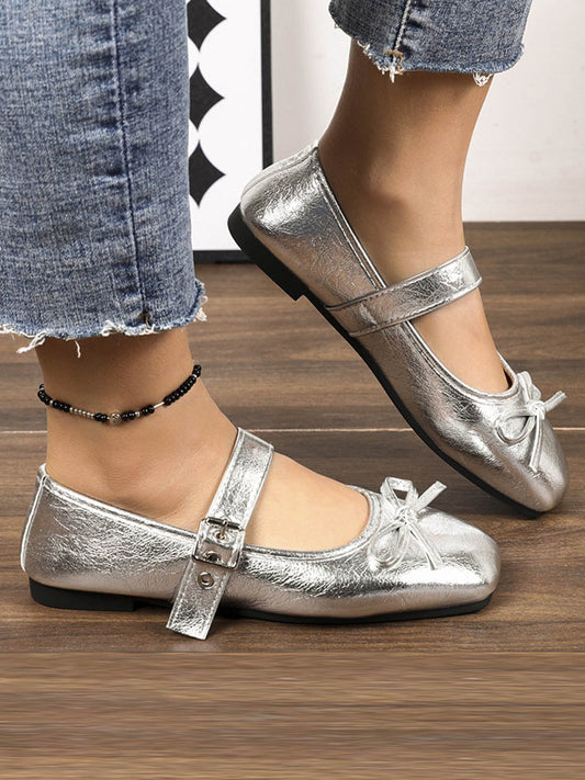 Bow-Embellished Buckle Split-Joint Square-Toe Sandals