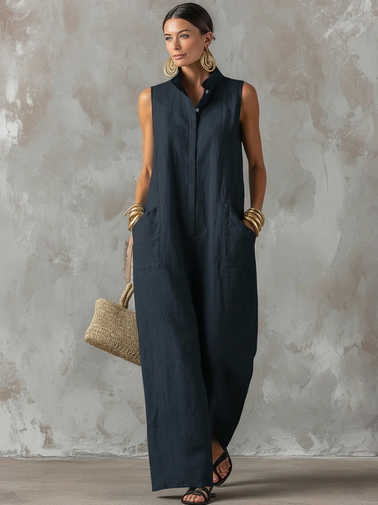 Loose Sleeveless Buttoned Pockets Solid Color Stand Collar Jumpsuits