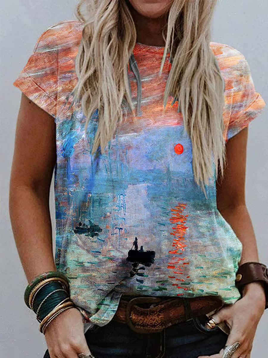 Loose Short Sleeves Contrast Color Printed Split-Joint Round-Neck T-Shirts Tops