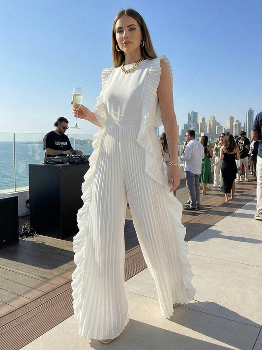 Loose Sleeveless Pleated Ruffled Solid Color Split-Joint Round-Neck Jumpsuits