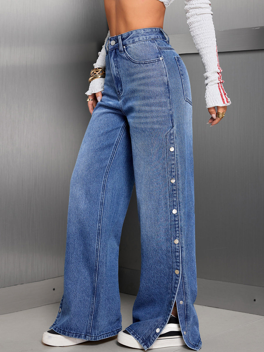 High Waisted Wide Leg Buttoned Pockets Solid Color Jean Pants Bottoms