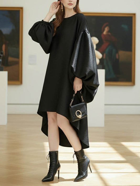 Batwing Sleeves High-Low Pleated Solid Color Split-Joint Round-Neck Midi Dresses