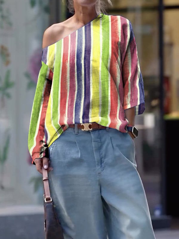 Long Sleeves Loose Contrast Color Striped One-Shoulder T-Shirts Tops