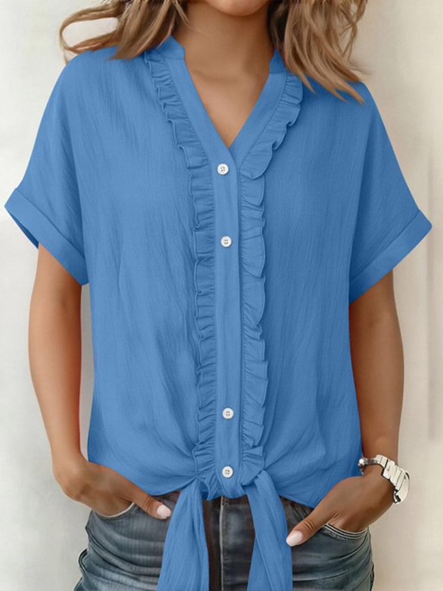 Loose Short Sleeves Buttoned Knot Ruffle Trim Solid Color V-Neck Blouses&Shirts Tops