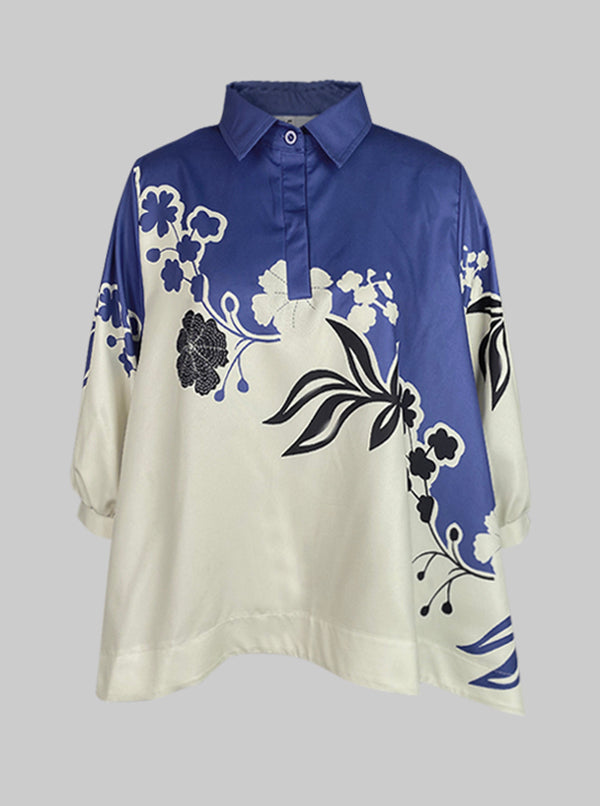 Half Sleeves High-Low Buttoned Flower Print Pleated Lapel Blouses&Shirts Tops
