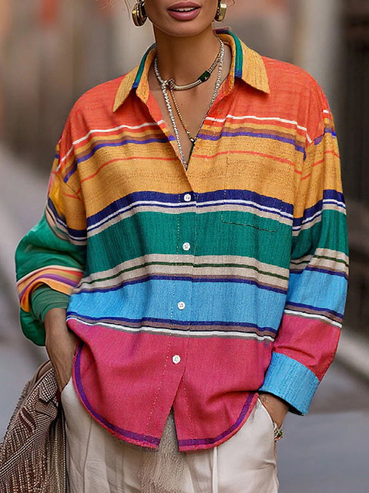 Long Sleeves Loose Buttoned Contrast Color Lapel Blouses&Shirts Tops