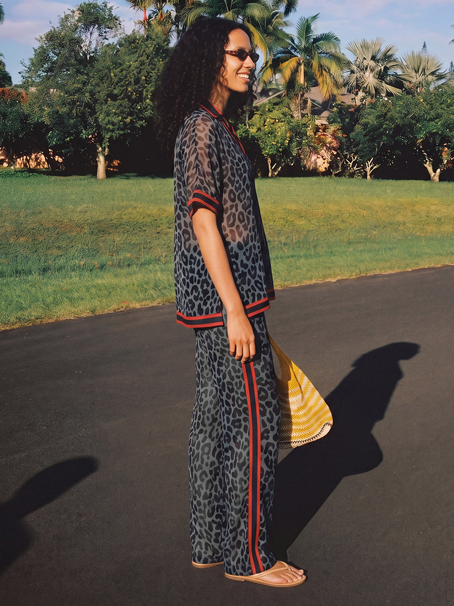 Loose Wide Leg Contrast Color Leopard Pockets See-Through Split-Joint Striped Pants Trousers